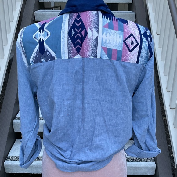 Vintage tapestry lightweight cotton denim aztec contrast collar & pocket flaps M - Picture 6 of 12
